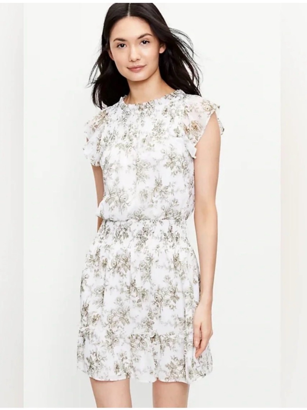 Loft Mini Dress Medium White Floral Smock Tiered Ruffle Garden Summer Casual